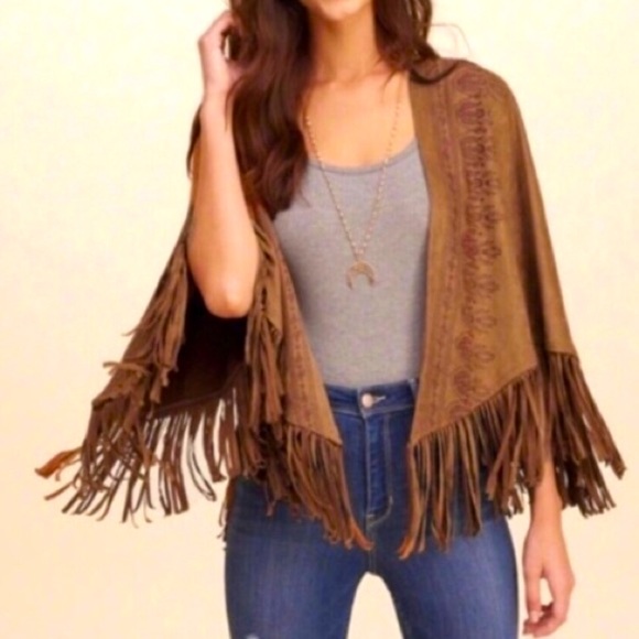 Hollister Jackets & Blazers - Hollister, suede tasseled cape/kimono, M/L